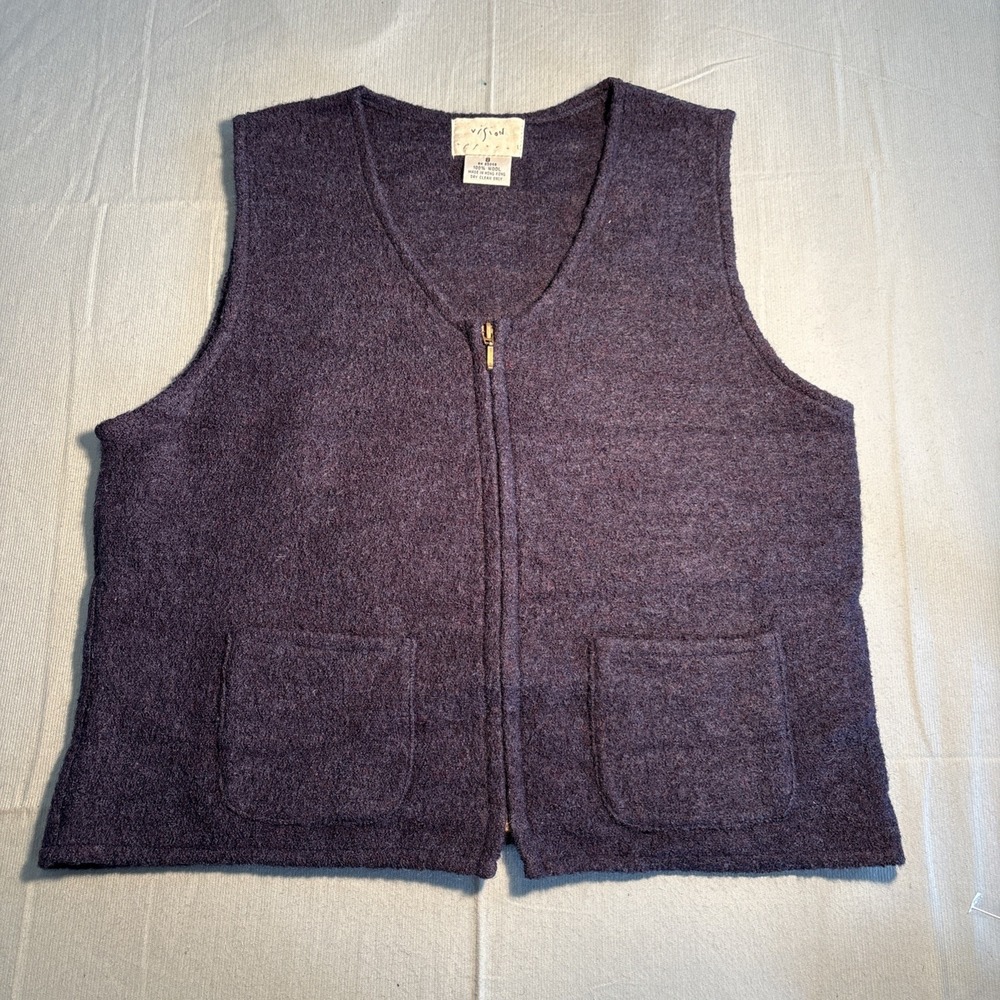 Vision Apparel Blue Wool Sweater Vest Size 8 Full Zip Pockets Sleeveless V-Neck